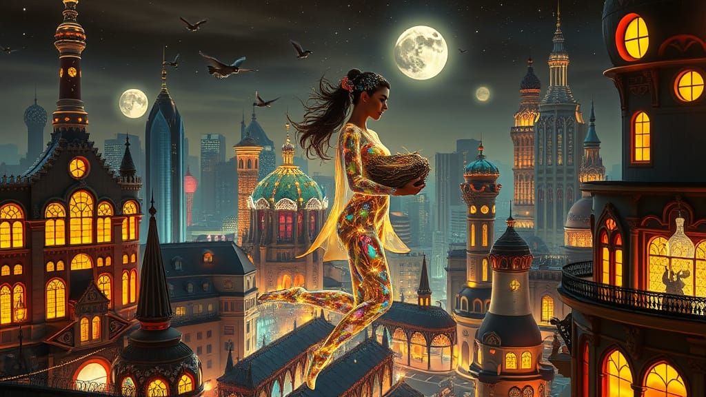 Surreal Cityscape with Floating Figures in Gaudí Style