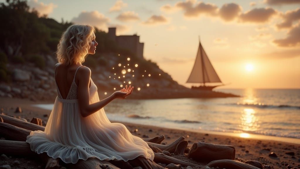 Dreamy Woman Releases Light Spheres at Sunset