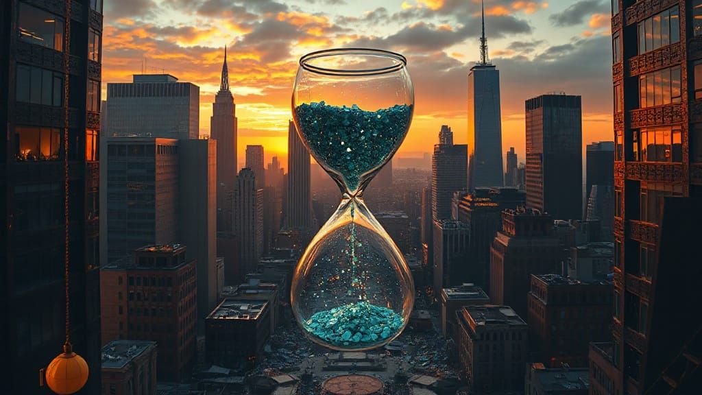 Hourglass in Shattered Cityscape at Golden Hour