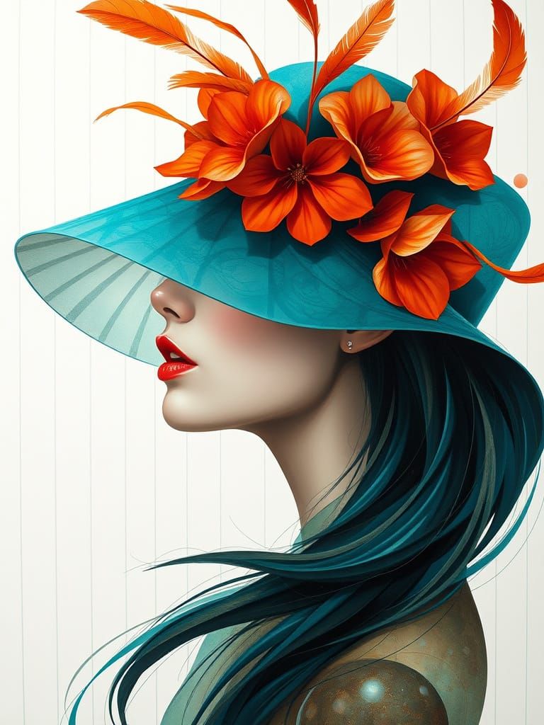 Ethereal Woman in Turquoise and Orange Attire, Rendered in G...