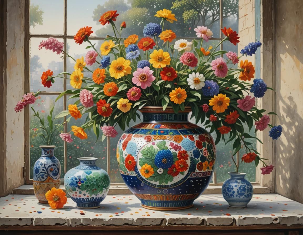 Pointillist Chinese Vase with Flowers