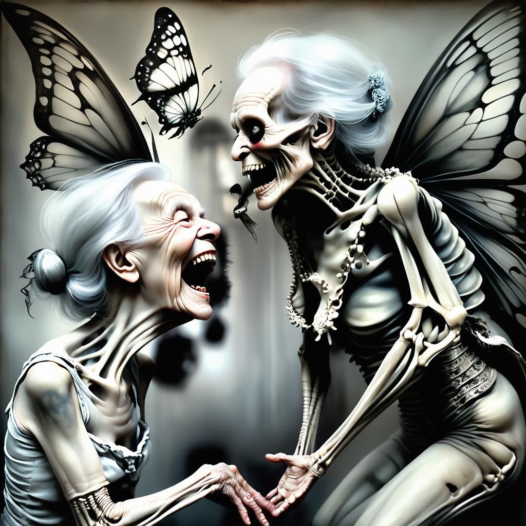 Giant Butterfly Lands on Laughing Old Woman