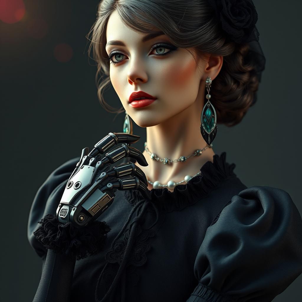 Cyborg Edwardian Woman with Cybernetic Hand in Vaporwave Sty...