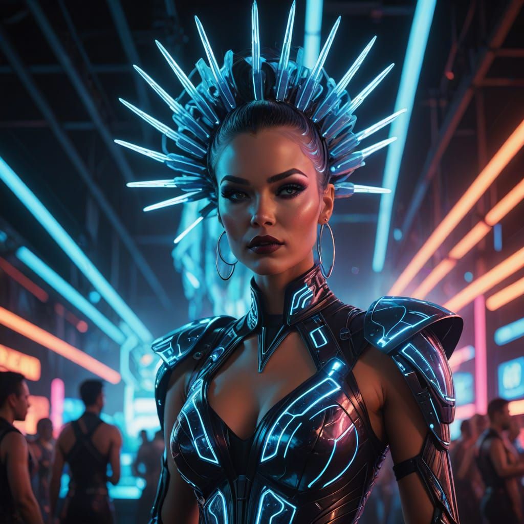 Futuristic Showgirl Commands Stage in Vibrant Digital Art