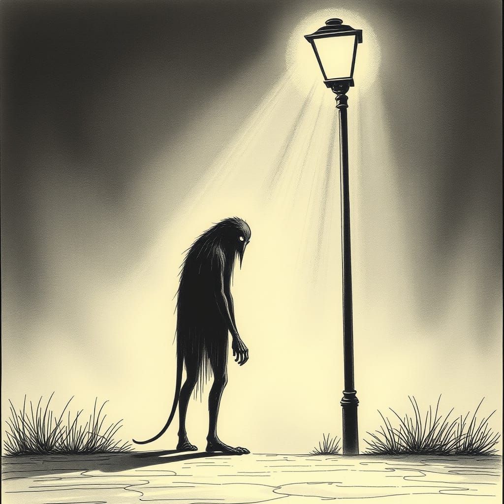 Mysterious Creature in Streetlight, Edward Gorey Style
