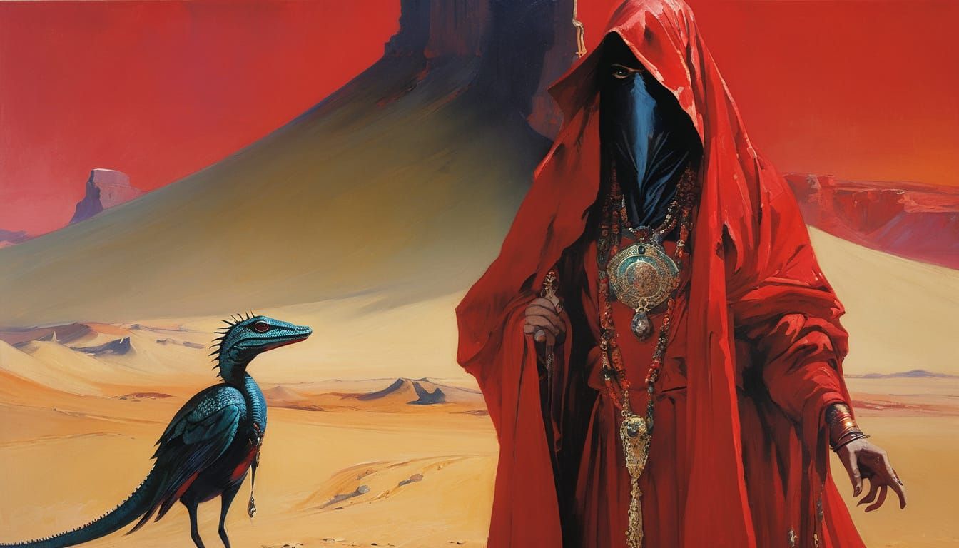 Ethereal Desert Warrior with Tiny Coelophysis