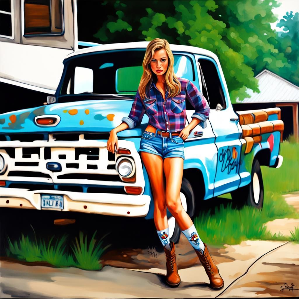 Country Girl in Graffiti Art Style on Vintage Truck