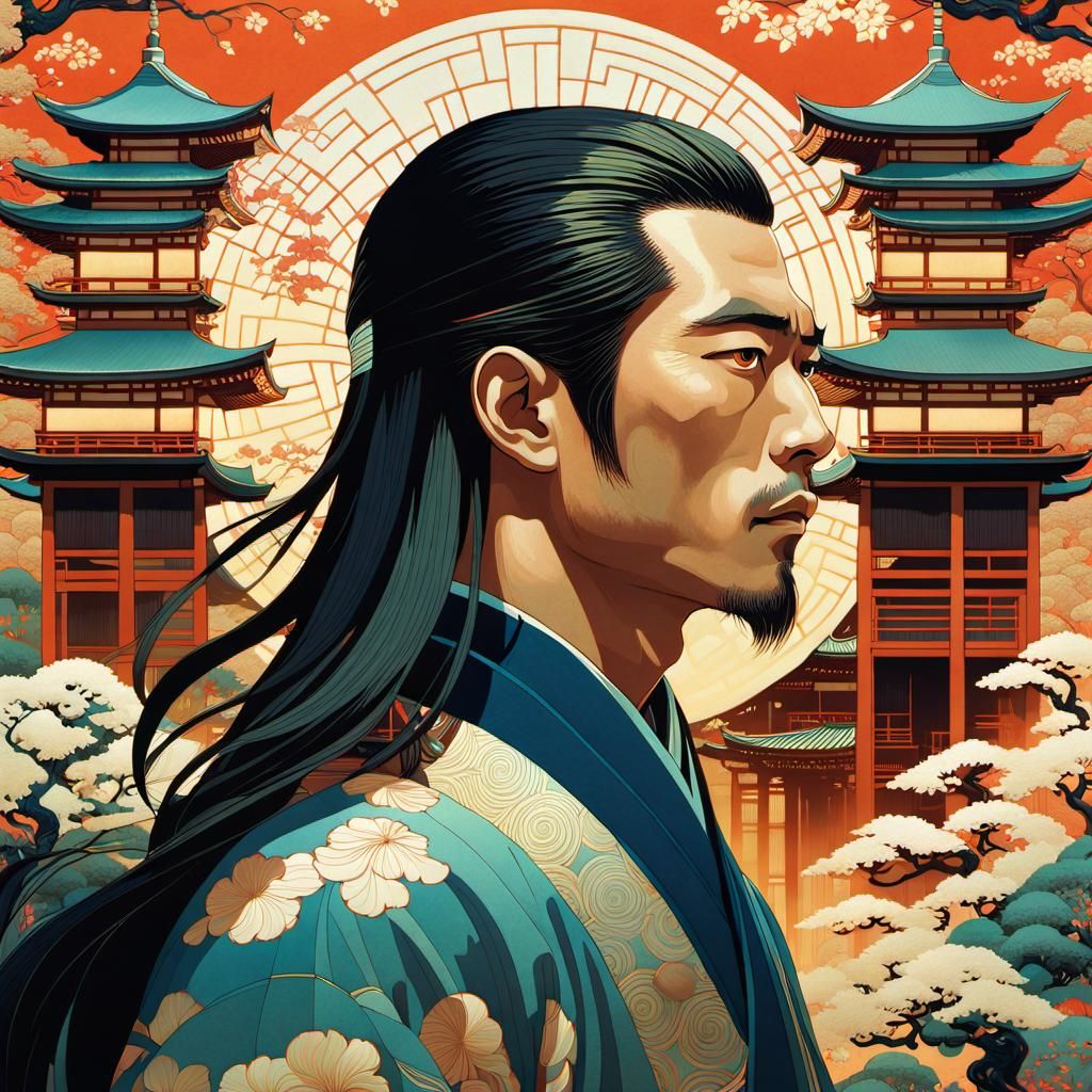 Japanese Man Portrait in Art Deco Anime Style