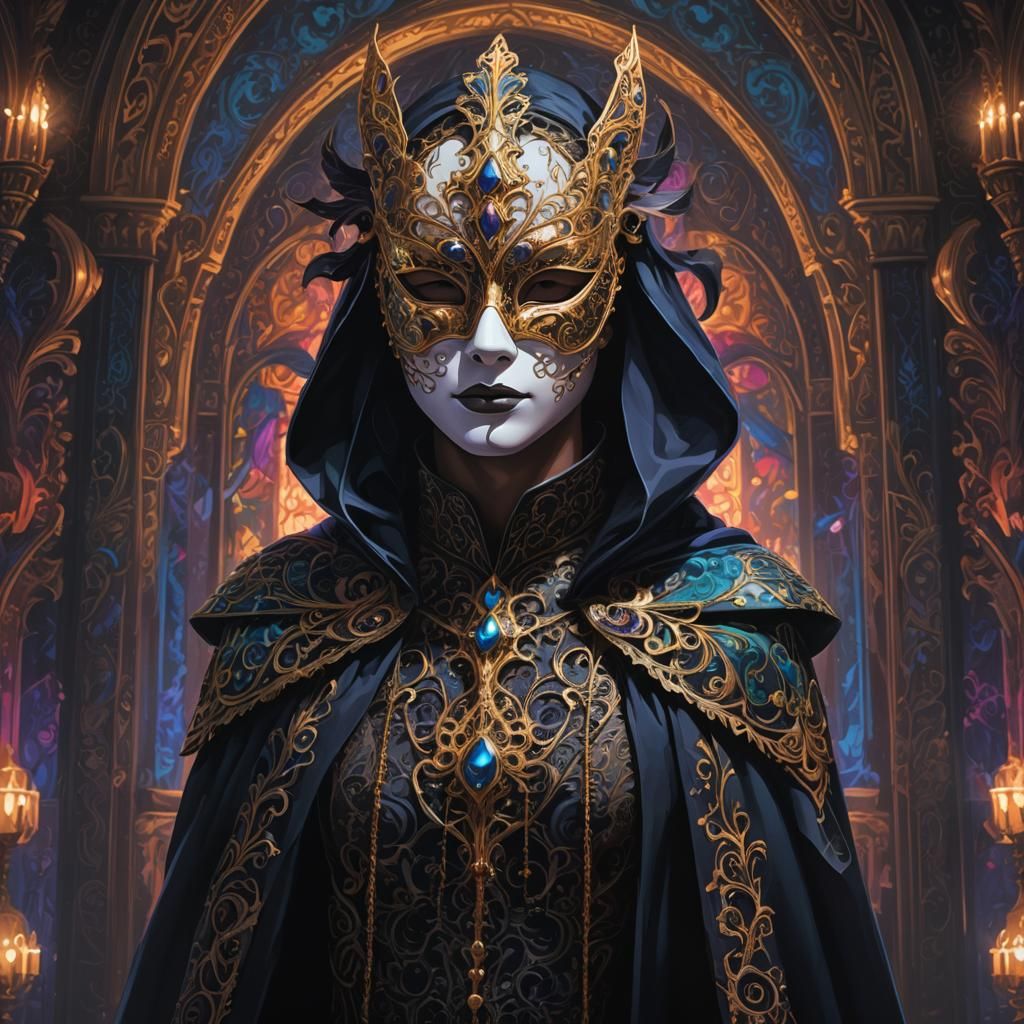 Mystical Masquerade in Ornate Ballroom: Stylized Digital Art
