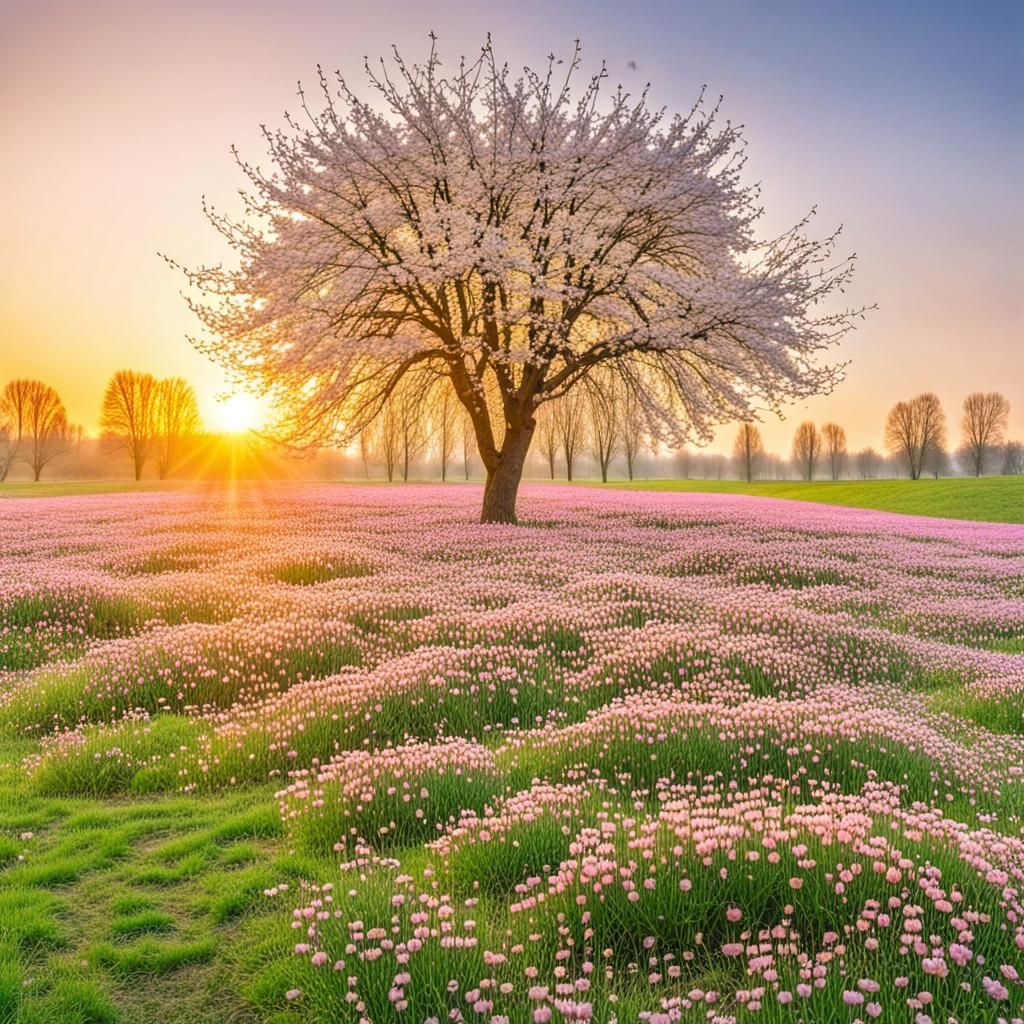 Blooming Cherry Tree in Colorful Spring Meadow