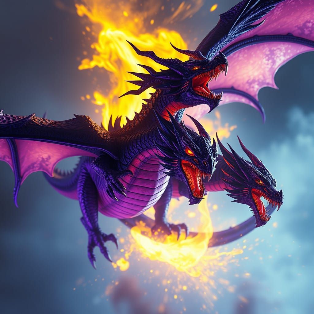 Epic Dark Fantasy 3 Headed Dragon in Intricate Detail