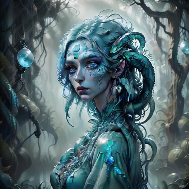 Scaly Monster Woman Portrait in Ruins