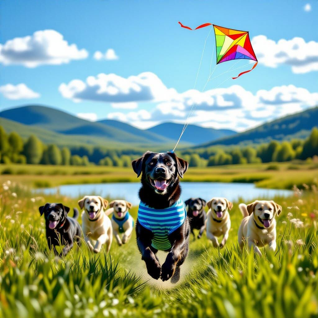 Labrador in Striped Shirt Flies Kite in Vermont Field