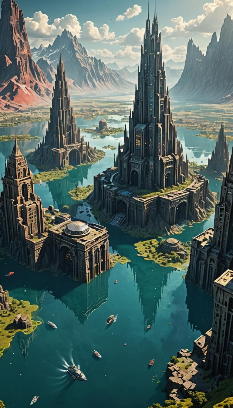 Flooded Sci-Fi City: Ancient Skyscrapers in Lake