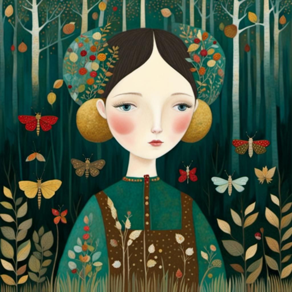 Autumn Woman in Forest: Klimt-Inspired Collage