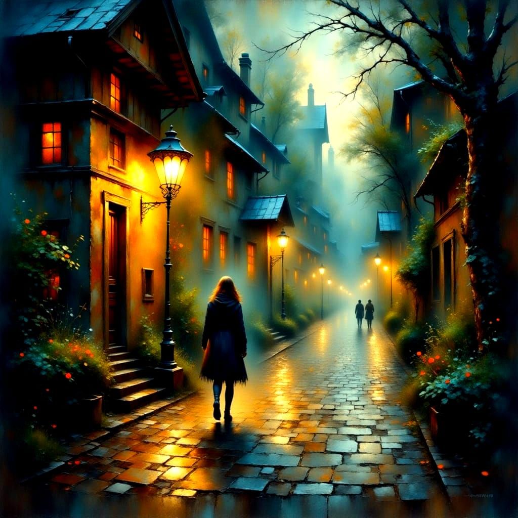 Neon Light on Cobblestone Street in Impressionist Style