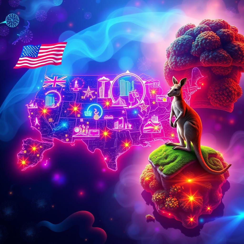 Fantastical World Map with USA Flag, Europe Nightclub, and K...