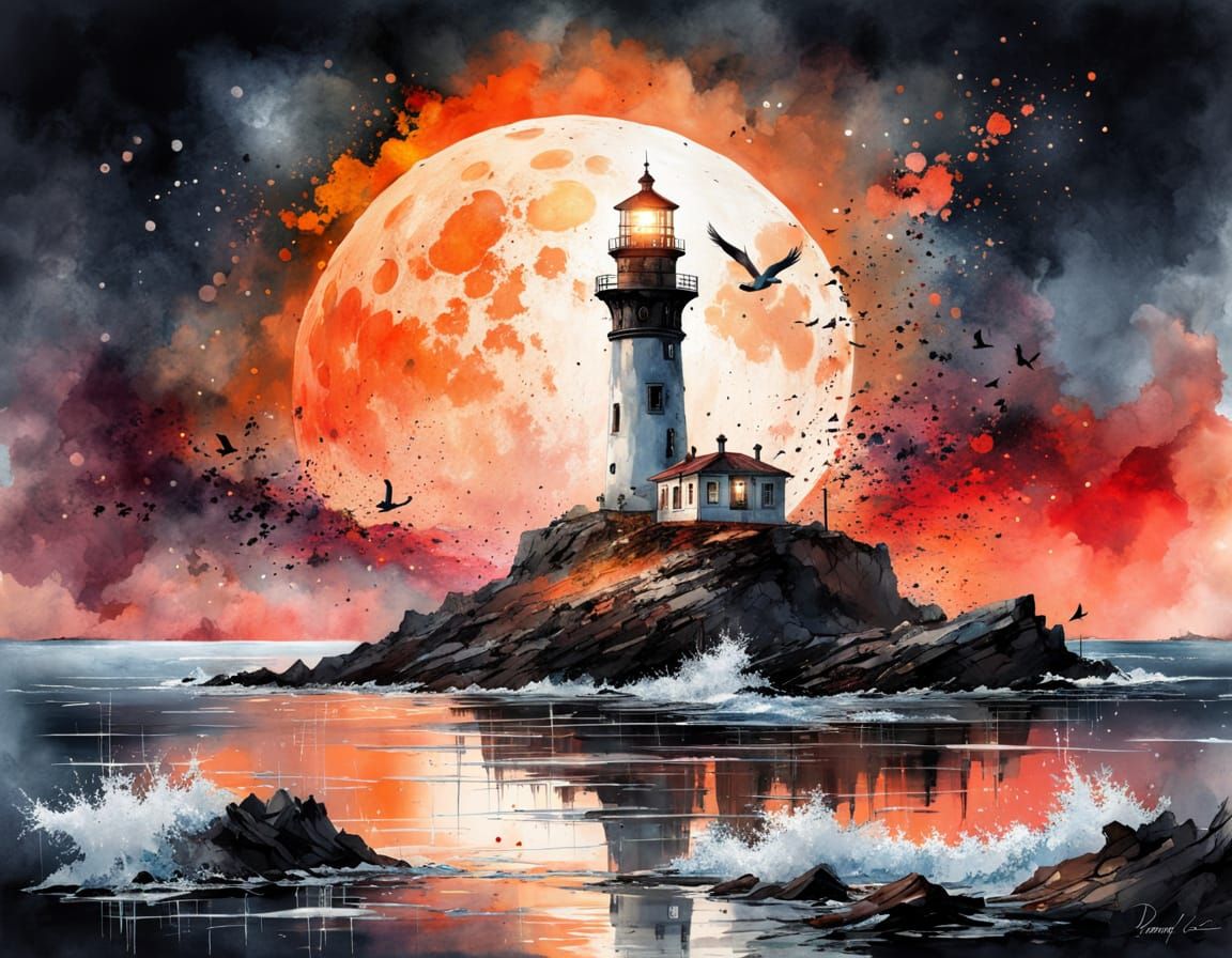 Majestic Lighthouse in Dripping Watercolor Style