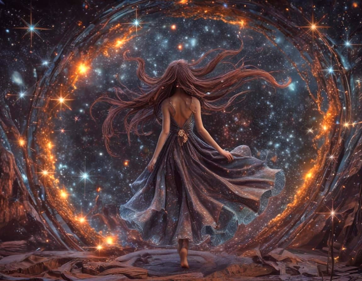 Surreal Cosmic Dance in Vibrant Holographic Style