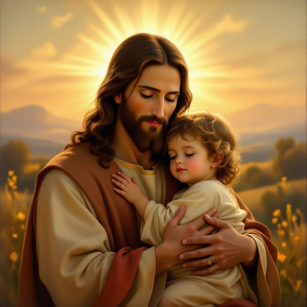 Jesus Christ Smiling Holding Child in Warm Ethereal Light