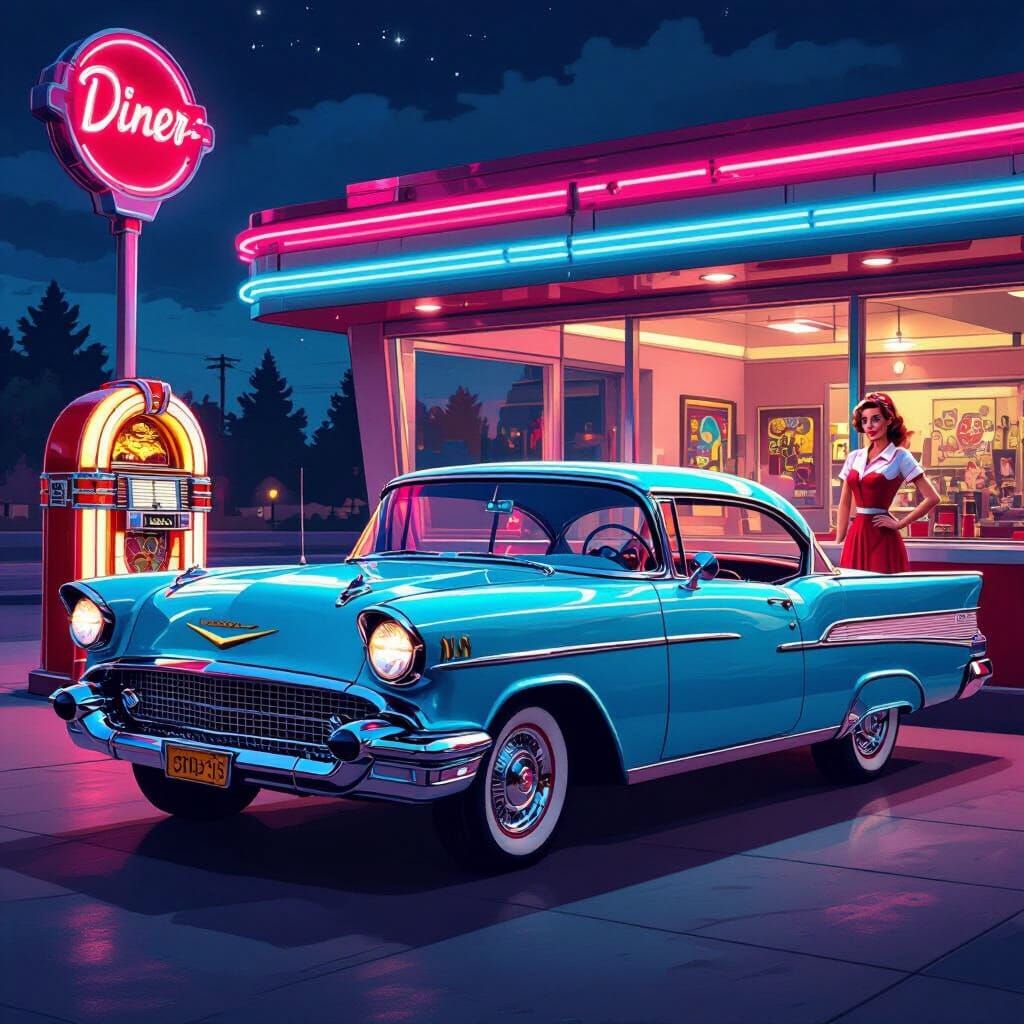 1957 Chevrolet Bel Air at Retro Diner Pop Art Style
