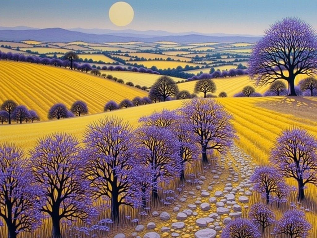 Vibrant Landscape with a Tree-Filled World in Yellow and Pur...