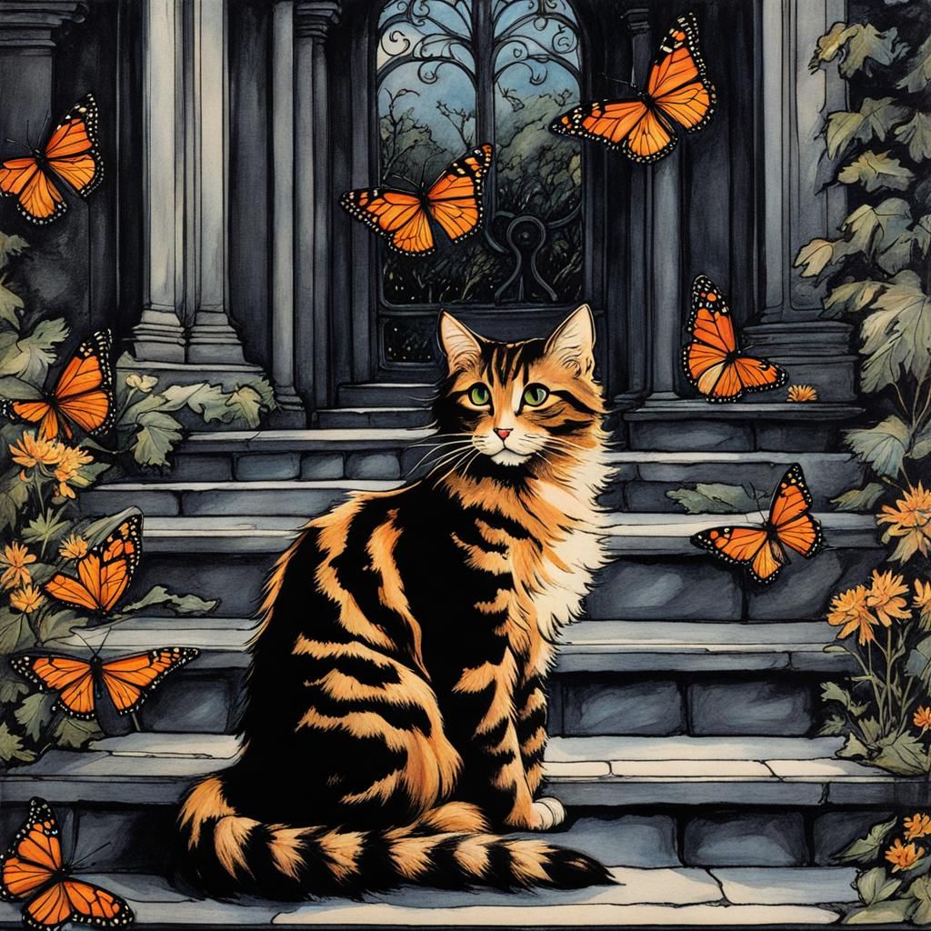Tortoiseshell Cat and Monarch Butterfly, Anime Style