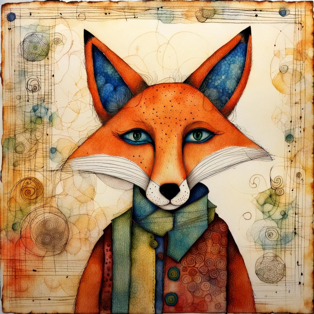 Colorful Fox Portrait in Tachisme Ink Scribbles