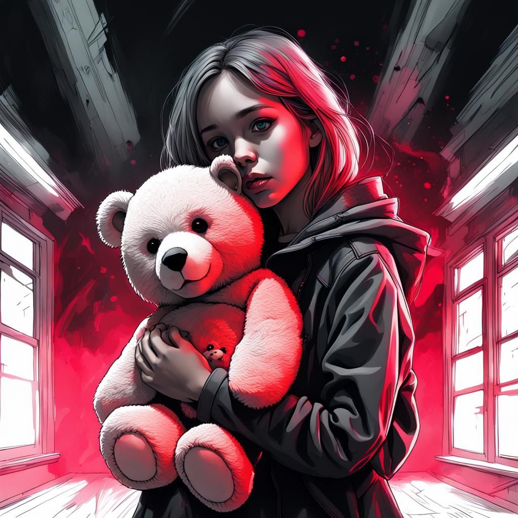 Girl with Teddy Bear in Haunted School, Synthwave Art