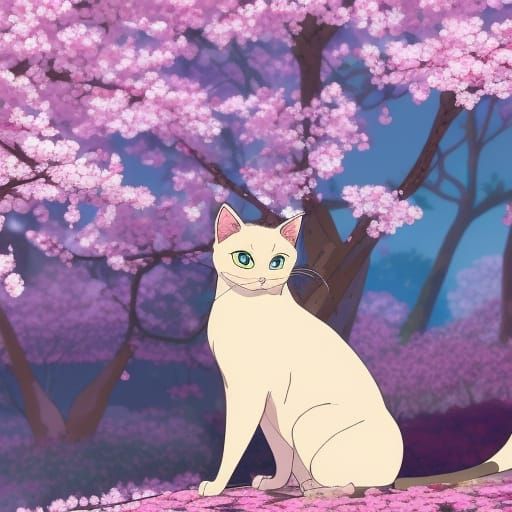 Cherry Blossom Garden Siamese Cat in Studio Ghibli Style