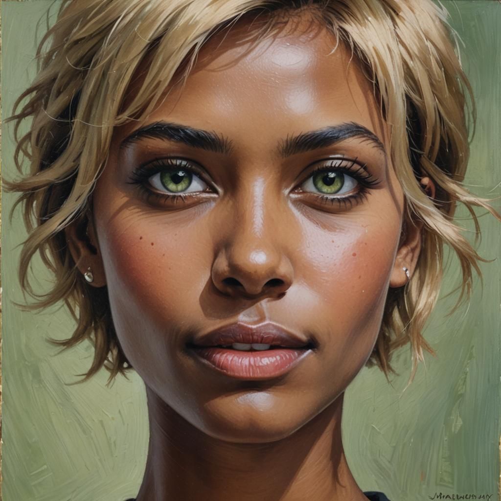 Blonde Woman with Green Eyes: Oil Painting