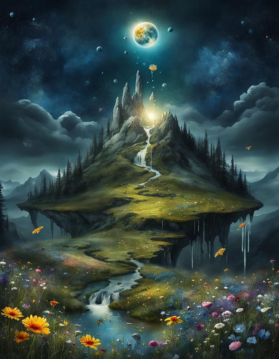 Surreal Flower Meadow Dripping Off Planets