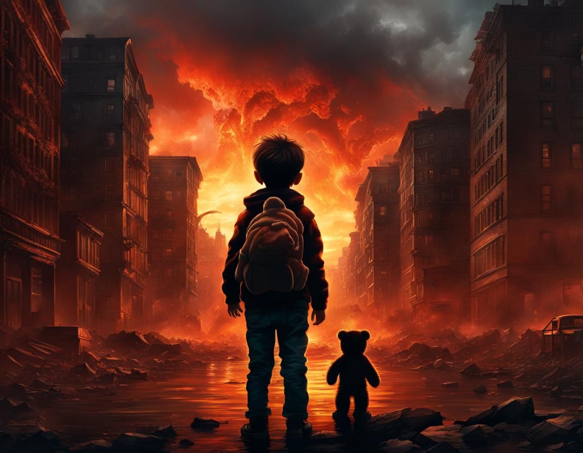 Apocalyptic Child in Burning World: Dark Fantasy Art