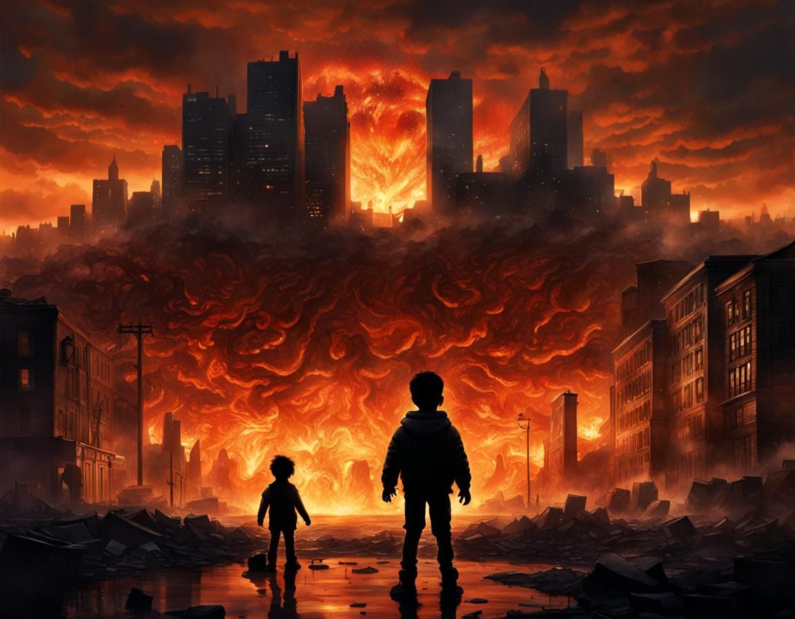 Apocalyptic Finale: Child and Teddy Bear in Flames