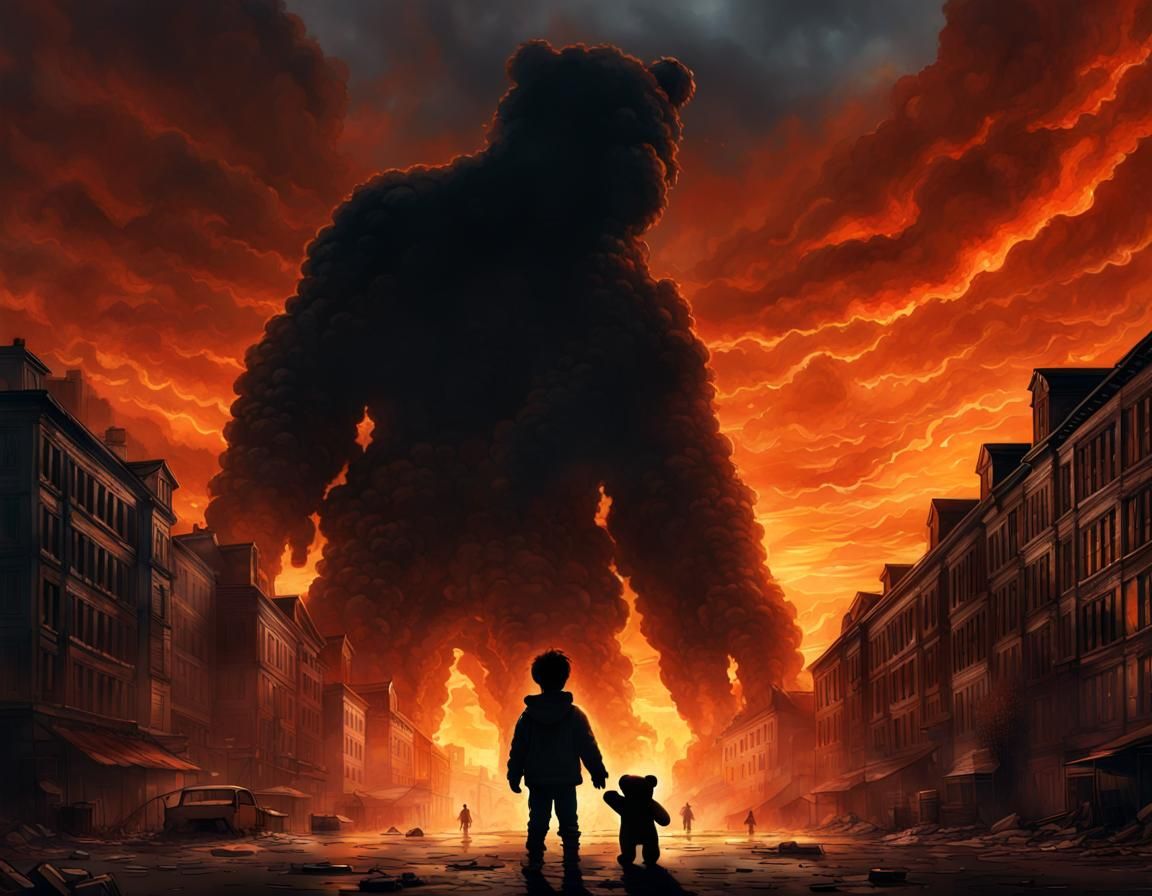 Apocalyptic Child and Teddy Bear, Dark Fantasy Art