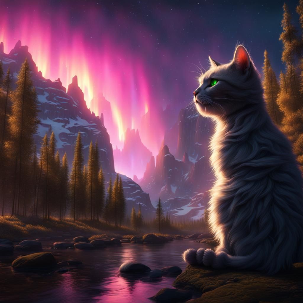 Cat Observes Northern Lights in Detailed Painting