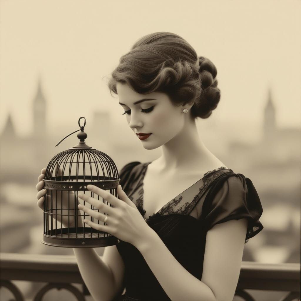 Vintage Photo: Woman With Empty Birdcage in Sepia Tones