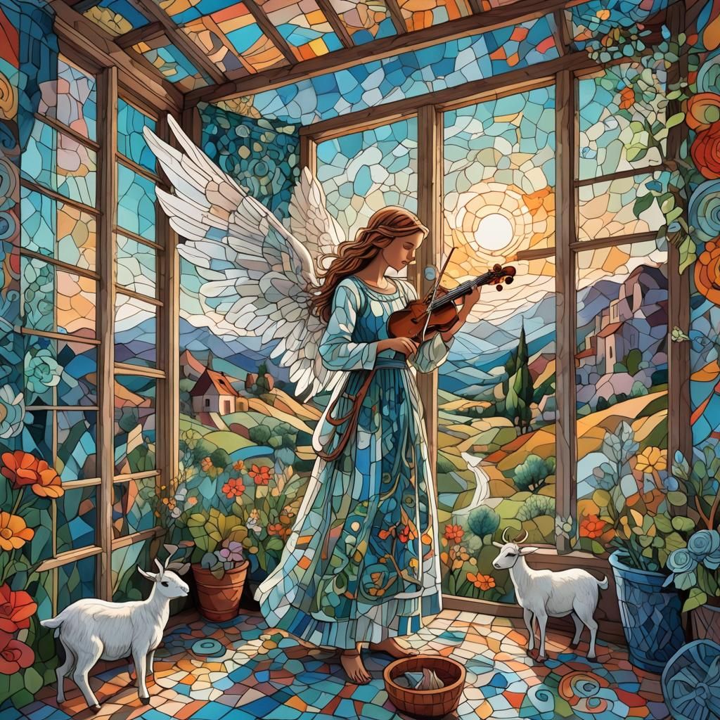 Angel with Goat-Bouquet in Surreal Dreamscape