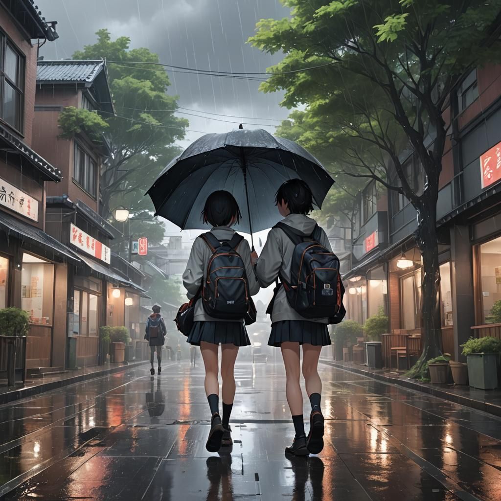 Anime Style: Friends Walking Home in Rain