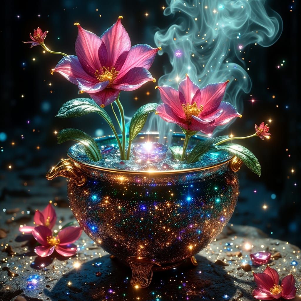 Iridescent Poison Elixir with Blooming Flowers and Colorful ...