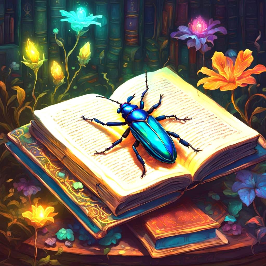 Iridescent Jewel Beetle Amidst Whimsical Library