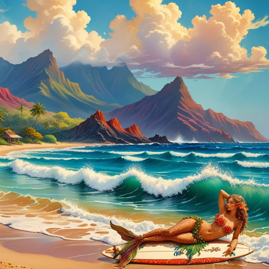 Hawaiian Hula Mermaid on Surfboard by Beach