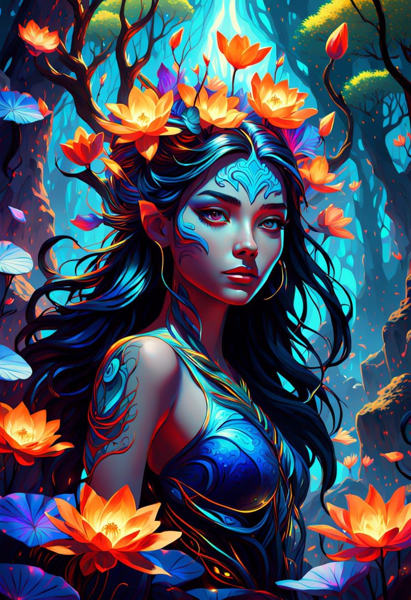 Mystical Wood Nymph in Vibrant Popart Forest