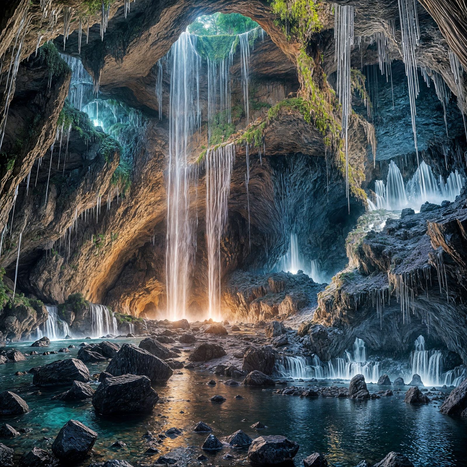 Glowing Waterfall in Crystal Cave: Fantasy Concept Art
