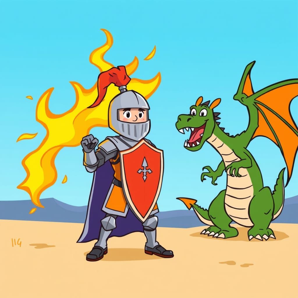 Cartoon Knight Versus Dragon in 2D Style