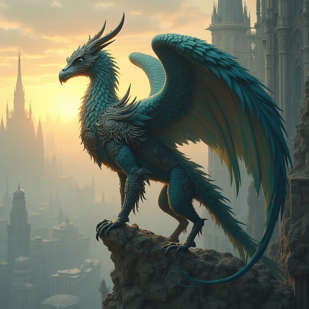 Armored Griffin Overlooking Cityscape at Dawn