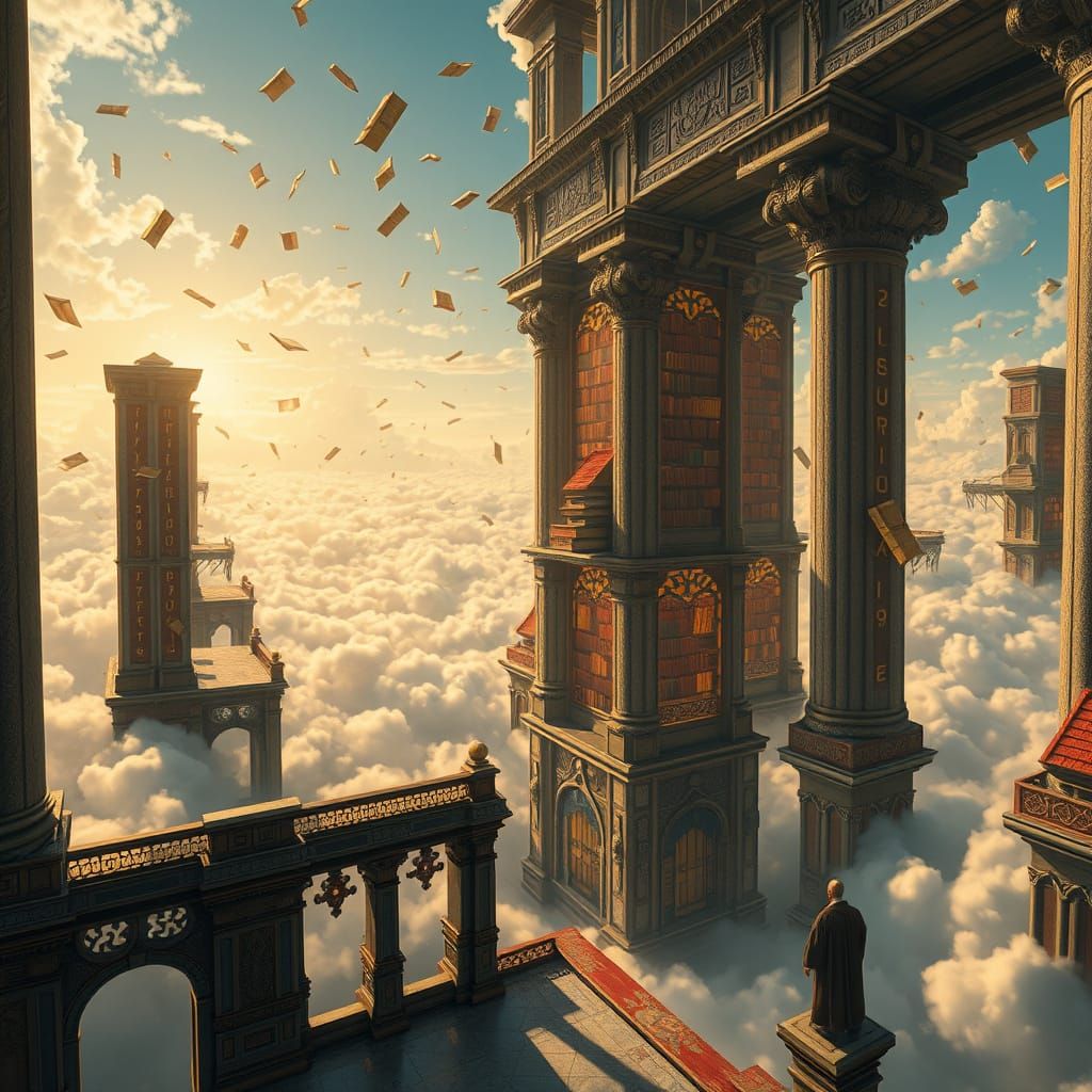 Epic Floating Library in Sky with Glowing Runes