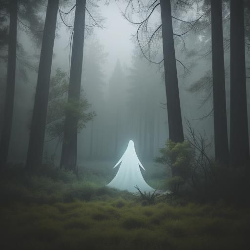 Ethereal Ghost in Foggy Forest Cabin Scene