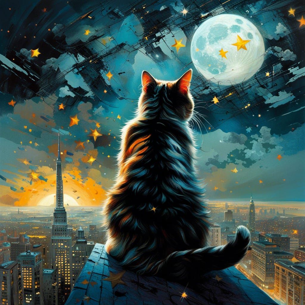 Cat Watches Gigantic Moon in Gothic Matte Painting