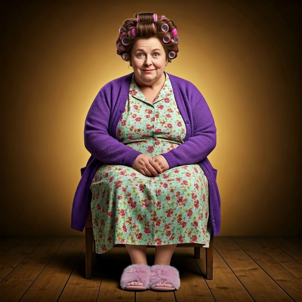 Lovable Irish Matriarch in Vibrant Violet Cardigan